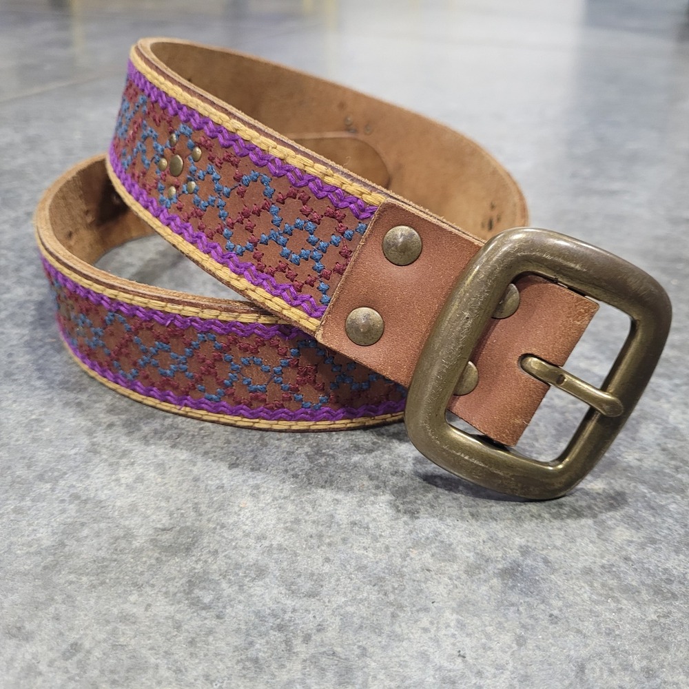 Lucky Brand Belt Small Brown Multicolor Embroidered Studded Leather Boho Hippie